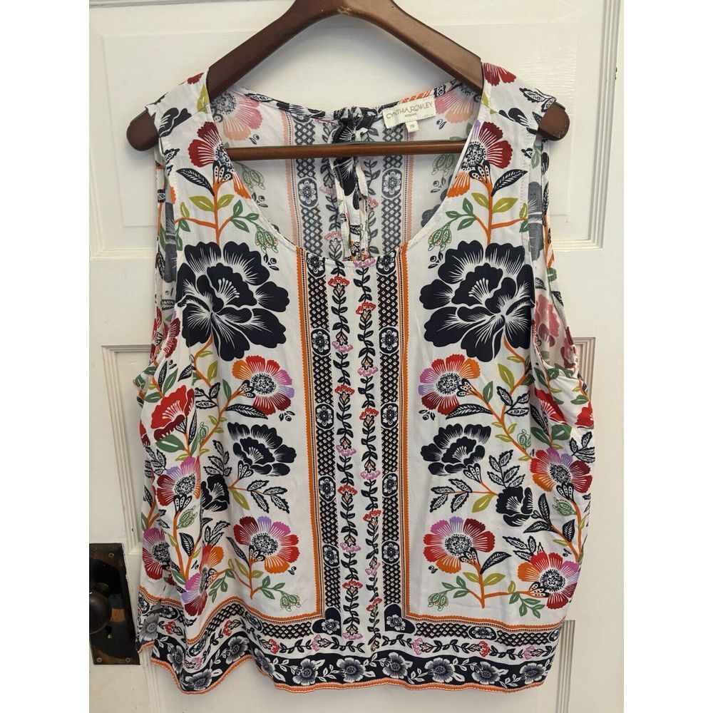 Cynthia Rowley Woman White Floral Print‎ Sleeveless Top Blouse Button Back 2X